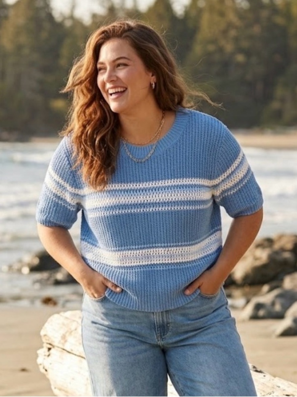 Joe Fresh Blue & White Striped Open Knit Short Sleeve Sweater